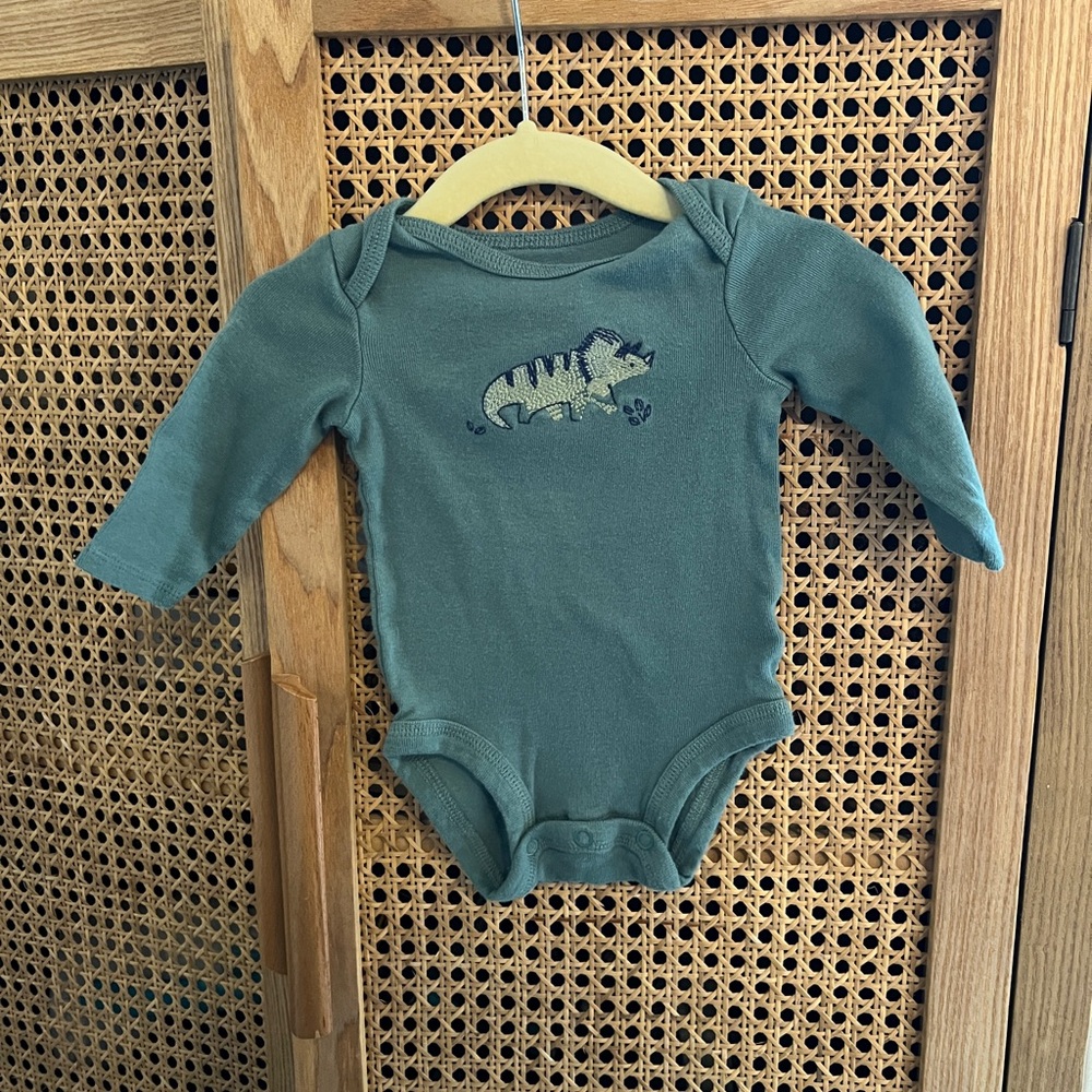 0-3M Long-Sleeve Teal Green Baby One-Piece with Dinosaur Embroidery